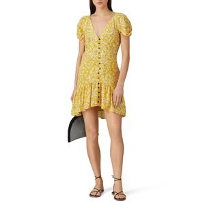 Wish Golden Bloom Dress Women's Small Yellow Mini V-Neck Puff Sleeve Ruffle RTR
